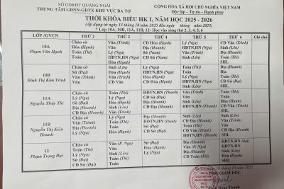 THỜI KHÓA BIỂU ÁP DỤNG TỪ TUẦN 6 – NĂM HỌC 2025 – 2026